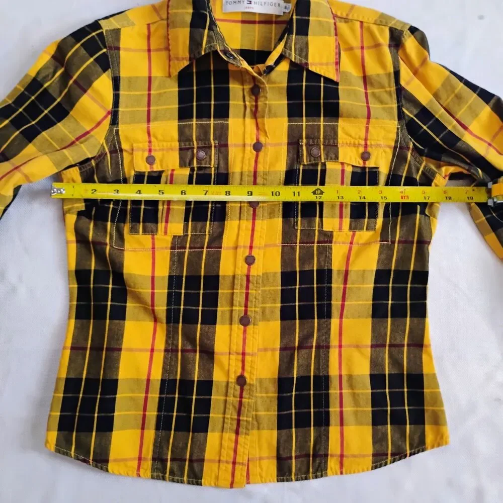 Tommy Hilfiger Y2K Yellow Plaid Flannel Shirt Small Clueless 2002 Snap Vintage - Picture 12 of 16